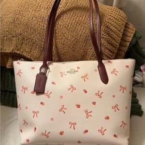 Coach Cream Tote with Pink Coral Bow & Burgundy Handles